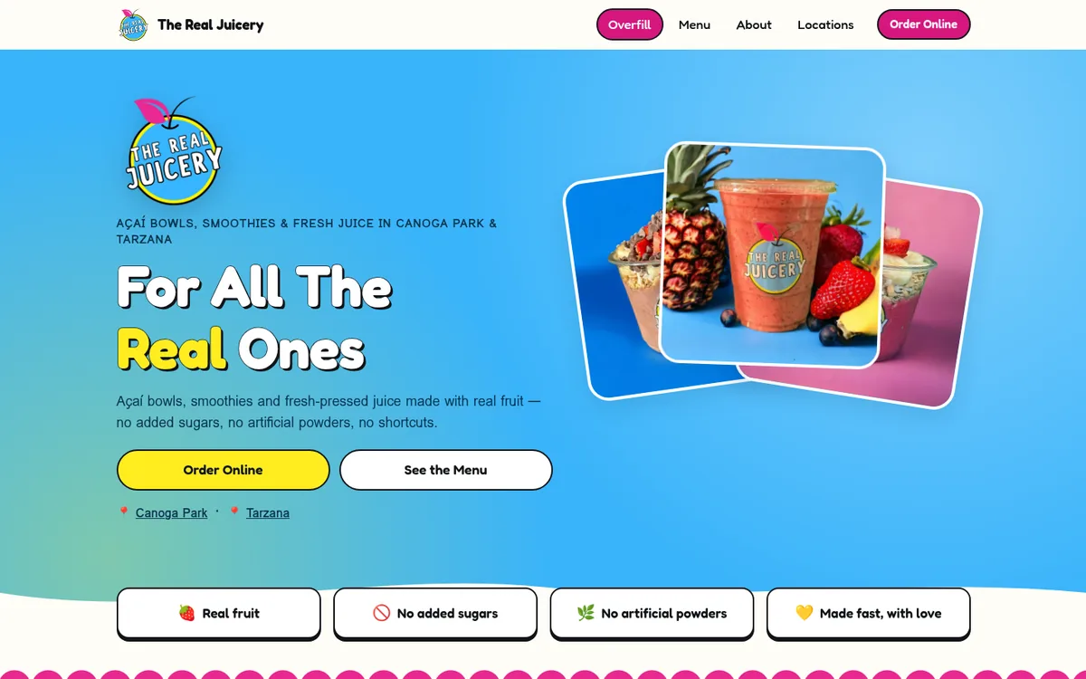 The Real Juicery homepage on desktop: açaí bowls, smoothies and fresh juice with an Order Online button