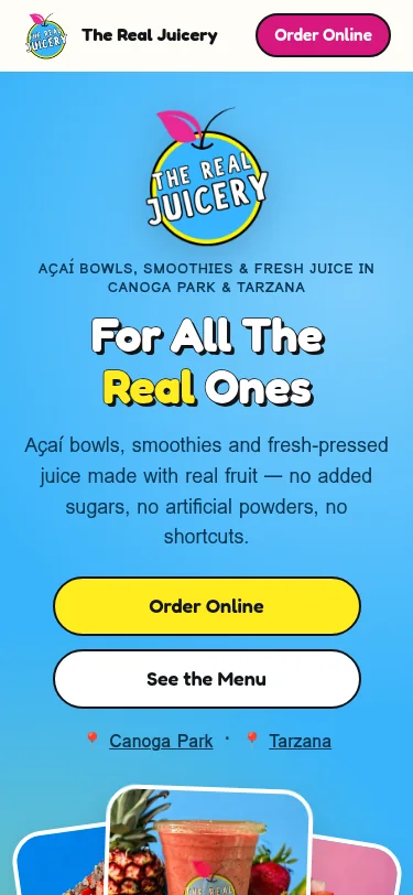 The Real Juicery website on a phone